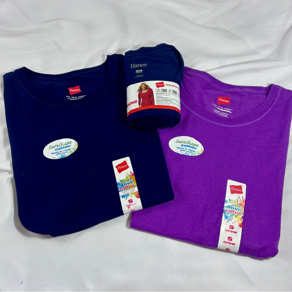 Hanes Women’s T-Shirts Bundle of 3 SureShape & SureSoft Cotton, SM Navy & Purple
